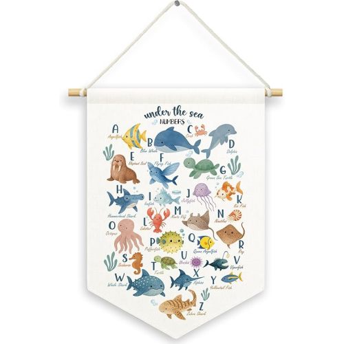 MNASAIOO Classroom Sea Animals Alpahbet Kids Room Decor, Nursery Cute Ocean Banner Canvas, Abc Educational Wall Hanging Frame Decor Art Pennant Flag for Playroom Toddler Room Preschool Dorm 11x15in