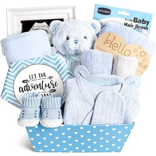 iAOVUEBY Baby Boy Gifts, Baby Shower Gifts - Newborn Bear Toys Rattle Blanket Infant Shoes Onesie Wooden Keepsake Babies Registry Gift Essentials Basket, Unique New Baby Gift Set for Boys 0+ Months