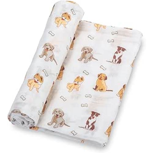 LollyBanks Baby Blanket, 100% Cotton Muslin Swaddle Blankets for Boys and Girls, Large 47 x 47 Inches Infant Receiving Blankets, Soft and Breathable Newborn Blanket, Registry (Puppies Print)