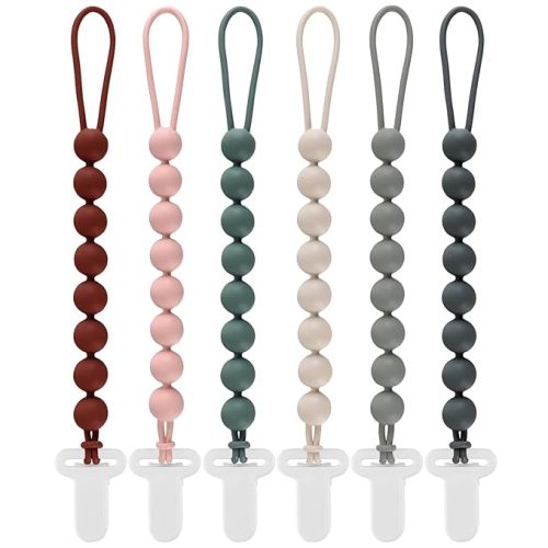 6-Pack Silicone Pacifier Clips for Babies, Safe Teething Beads, Rust-Free Holders, Baby Boy and Girl Essentials, Newborn Must-Have Accessories, BPA-Free