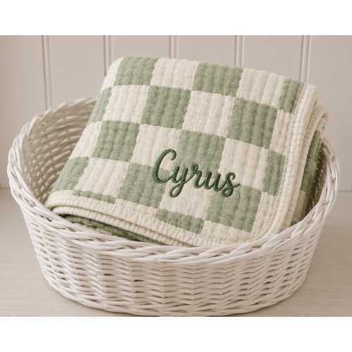 Personalized Baby Blanket | Embroidered Name Blanket | Lightweight Bamboo Cotton Swaddle | Baby Shower Gift | Sage Blanket