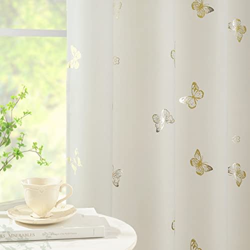 Jubilantex Ivory Gold Butterfly Blackout Curtains with Black Layer Thermal Insulated Window Curtains Grommet Top for Bedroom Girls Room,52x63,2 Panels