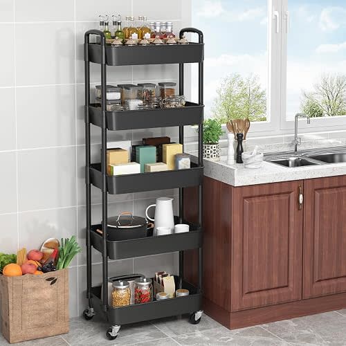Sywhitta 5-Tier Plastic Rolling Utility Cart with Wheels,Black