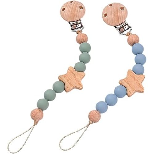2Pcs Wood Star Silicone Pacifier Clip for Baby Boy Blue Silicone Pacifier Holder Binky Clips