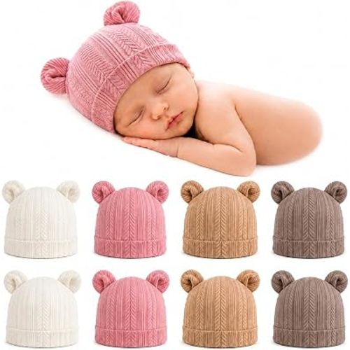 8 Pack Newborn Baby Hats 0-3 Months, Pure Cotton Bear Ear Infant Beanies, Ribbed Hospital Bag Essentials Nursery Caps for Grils & Boys (White/Apricot/Khaki/Taro)