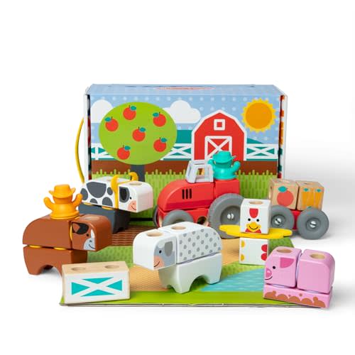 Melissa & Doug Blockables Farm Snap and Play, Mix and Match Connectable Wooden Building Blocks Play Set Toy for Preschool Boys and Girls (56 Pcs) - FSC Certified