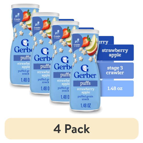 (4 pack) Gerber Stage 3 Baby Food, Strawberry Apple Puffs, 1.48 oz Canister