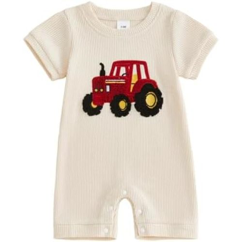 FYBITBO Infant Baby Boy Clothing Waffle Knit Short Sleeve Rompers Tractor Embroidery Jumpsuit Newborn Outfit Summer Clothes