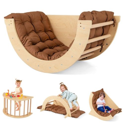 Costway 6 in 1 Climbing Arch Wooden Rocker Arch Climbing Toy with Removable Cushion Coffee/Beige