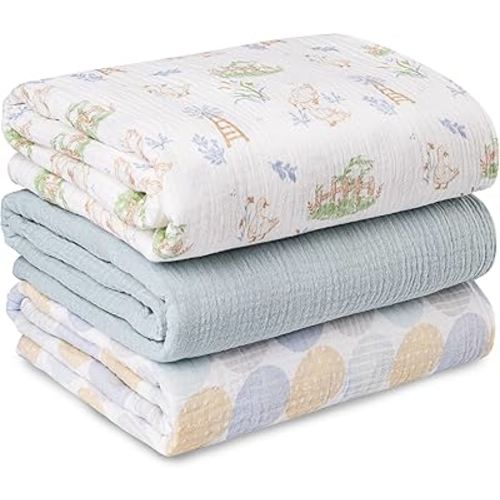 Muslin Swaddle Blankets for Newborn, 3 Pack Breathable Soft Receiving Blanket, Large 38 x 40 inches Swaddle Wrap Burping Clothes Diapers, Essentials Infant Shower Items, Toddler Gift (Cute Country)