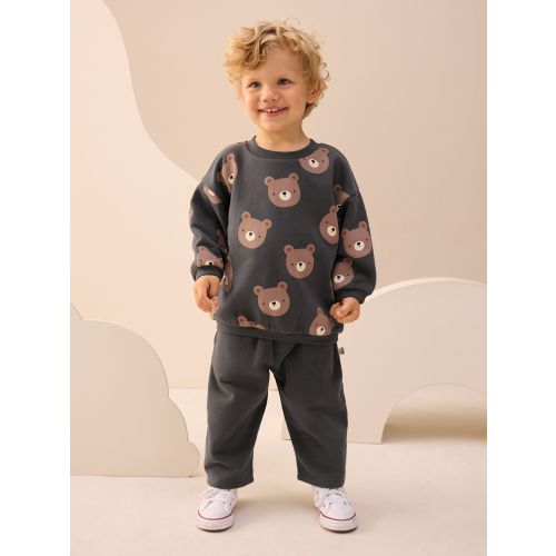 Charcoal Grey Bear All Over Single Sweatshirt And Stripe Joggers Set (3mths-7yrs)