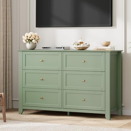Garvee 6 Drawer Dresser for Bedroom, 47.2" Wide Modern Large Chest of Drawers with Metal Knobs, Wooden Clothes Storage Organizer for Closet, Nursery, Living Room, Apartment, Sage Green | Lacquered Finish, Metal Knobs, Clothes Storage Organizer for Clos...