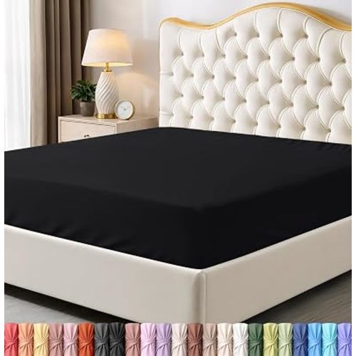 King Fitted Sheet, Ultra Soft Fits Up to 15 Inch Deep Pocket, Black