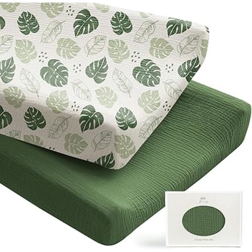 Konssy 2 Pack Muslin Changing Pad Covers for Boys, Ultra Soft & Breathable Cotton Baby Diaper Changing Table Covers, Neutral Nursery Diaper Changing Pad Sheets (Sage Green,Leaf)