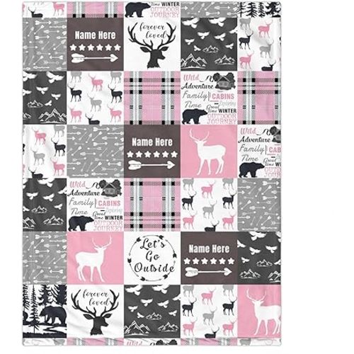 Pink Woodland Deer Personalized Baby Blanket with Name, Custom Deer and Bear Swadding Blankets for Baby Girls Kids, Woodland Nursery Decor, Adventure Soft Receiving Blankets for Newborn Infant