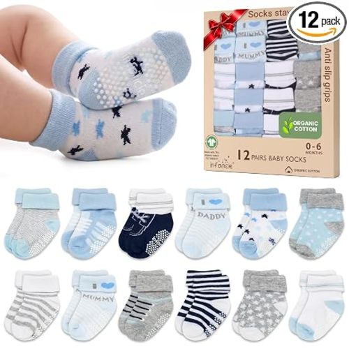 GOTS Organic Cotton Blend 12 infant socks with Grip 0-6 M Boy Non Slip Gift | Oeko-Tex Certified, Baby Socks, 12 Pairs, Organic Cotton Socks For Boys, Newborn Baby Socks, Blue, For Baby Boys, 0-6 Month