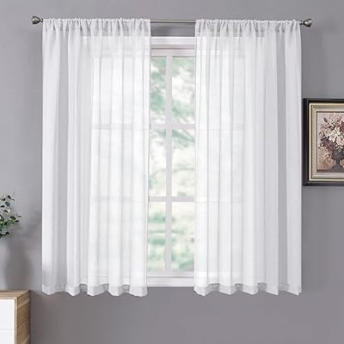 Tollpiz Short Sheer Curtain Linen Textured Bedroom Curtains Sheer Light Filtering Rod Pocket Voile Curtain for Living Room, 54 x 54 inches Long, White, Set of 2 Panels
