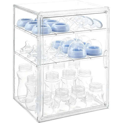 Baby Bottle Organizer, 3 Tiers Adjustable Clear Acrylic Baby Bottle Storage Organizer with 3 Removable Dividers and Magnetic Door, Suitable for Countertop and Kitchen