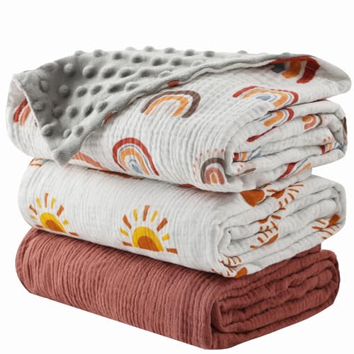 3 Pack Soft Boho Baby Gender Neutral Blankets for Newborn Baby Girls or Boys Unisex Nursery Toddler Baby Throw Blanket Double Layer Blankets with Dotted Backing Sun Rainbow Printed (Boho)