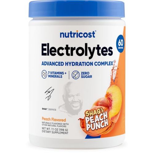 Nutricost Electrolytes Complex Powder (Shaq's Peach Punch) 60 Servings | Advanced Hydration, 7 Vitamins + Minerals, Zero Sugar, Gluten-Free, GMO-Free