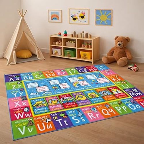 KC Cubs 3x5 ABC Alphabet, Seasons, Months & Days Rug – Educational Play Mat Carpet for Kids, Toddlers, Nursery, Classroom, Playroom, Baby Daycare