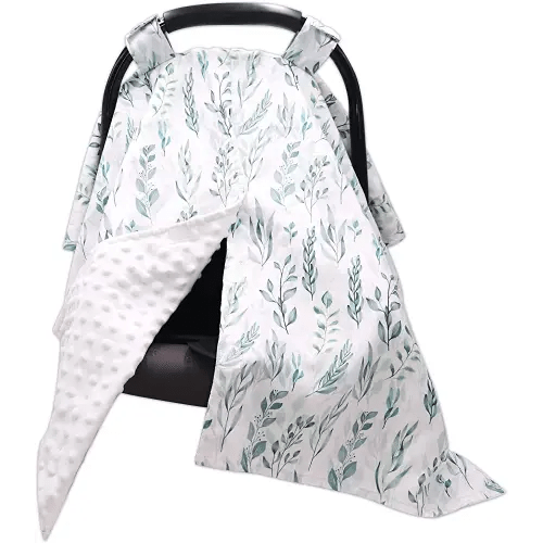 DILIMI Car Seat Covers for Babies, Peekaboo Opening Infant Car Seat Canopy for Baby Boys Girls, 2 in 1 Mom Nursing Breastfeeding Covers, Minky Warm Carseat Canopy for Newborn, Green Leaf