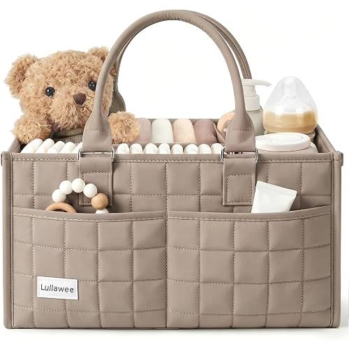 Lullawee Baby Diaper Caddy Organizer, Portable Nursery Storage Basket with Handle for Newborn Boy or Girl, Gift for Baby Shower Essentials, Registry Must Have Bag, Caddie Car Organizer, Brown