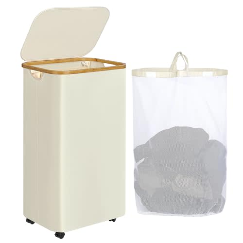 IEGrow Laundry Basket with Wheels 109L Clothes Hamper for Laundry,Beige | Laundry Hamper with Lid and Bamboo Frame, for Laundry Room, Bedroom, Dormitory Storage