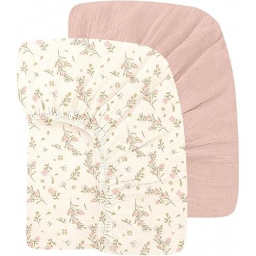 Organic Baby Crib Sheets 52x28 Inches 2 Pack 100% Muslin Cotton Soft Fitted Crib Mattress Sheet for Baby Girls, Boho Toddler Bed Sheets Fits Well Standard Size Crib Mattress 28x52 Inches Floral & Pink