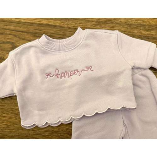 Personalized Scalloped Baby Sweat Set | Embroidered Bow Name Outfit | Custom Infant Lounge Set | Baby Girl Gift | Toddler Outfit