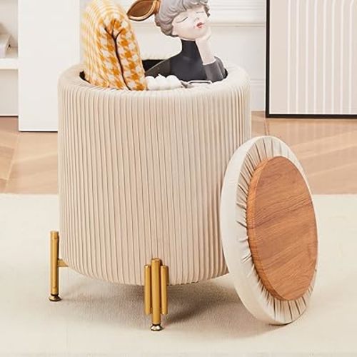 Mxfurhawa Round Ottoman Foot Stool with Storage and Metal Legs for Living Room Bedroom, Velvet Upholstered Footrest Stool Support 300lbs Modern Padded Seat Ottoman Coffee Table (Beige)