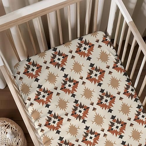Native American Geometric Pattern Baby Sheets for Crib, Unisex Western Tribal Nursery Fitted Bed Sheet for Boys Girls Standard Crib and Toddler Mattress-28x52