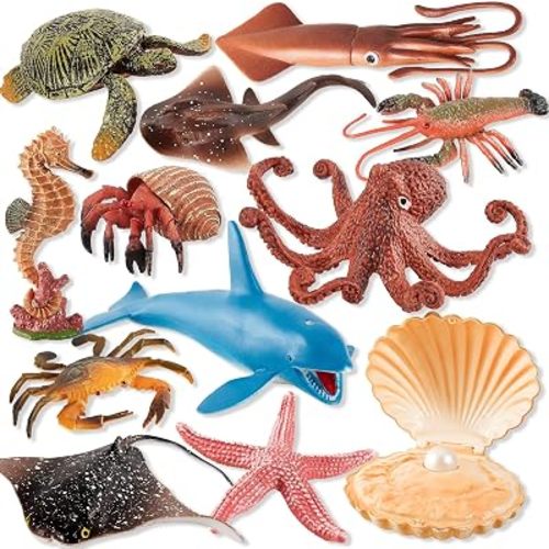 HYAKIDS Ocean Sea Animal Toys, 12 Pack Big Soft Plastic Animal Toy Set