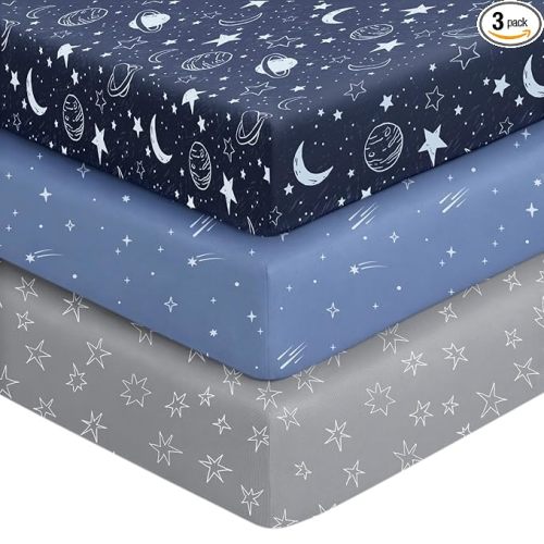 Baby Crib Sheets for Boys Girls, 28x52x8in Fitted Crib Sheet Neutral 3 Pack for Standard Crib and Toddler Mattress, Breathable Soft Microfiber Baby Sheet Blue Gray Planet