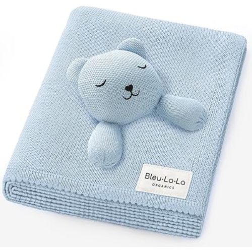Blanket Lovey 100% Organic Cotton Baby Blanket with Comfort Lovey, Soft Security Blanket for Newborns & Toddlers (Bear- Sky Blue)