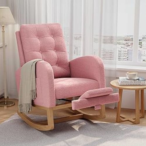 GarveeHome Nursery Rocking Chair with Adjustable Footrest, Teddy Fleece Upholstery, Sturdy Wooden Legs & High Backrest, Comfortable Glider Rocking Chair for Living Room or Bedroom, Pink