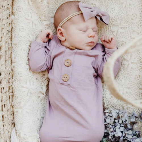 Caden Lane Bamboo Baby Knot Gown & Hat - Ditsy Purple, Newborn