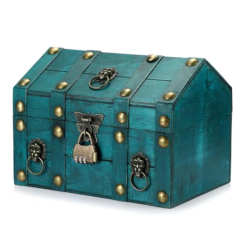 ELLDOO Product image Wooden Treasure Chest with Lock, Vintage Pirate Chest Keepsakes Box for Kids Gifts, Handmade Treasure Storage Green Decorative Box for Jewelry Coins Collectibles, Large
