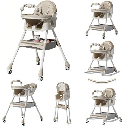 PU Leather Baby High Chair with Rocking Mode for Babies and Toddlers, Foldable Baby Eating Chair with Adjustable Backrests and Heights, Convertible Highchairs with Wheels (Khaki)