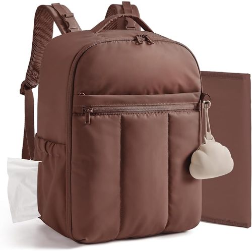 BAGSMART Baby Diaper Bag Backpack, Lightweight Puffy Diaper Bag with Insulated Pockets& Pacifier Case, Travel Stroller Straps with Waterproof Changing Pad, Coffee Brown
