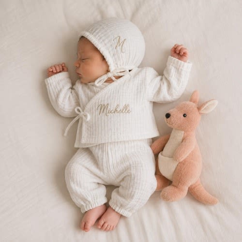 Personalized Muslin Baby Girl Set, Custom Name 0-3 Month Outfit, Embroidered Coming Home Outfit, Baby Shower Gift, Muslin Layette Set