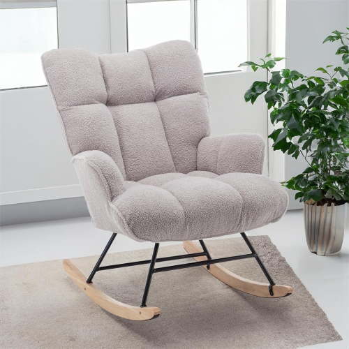 SAETSFEG Grey Nursery Rocking Chair, High Backrest, Upholstered Teddy Fabric, Ergonomic Glider