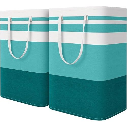 HomeHacks 2-Pack Large Laundry Basket, Waterproof, Freestanding Laundry Hamper, Collapsible Tall Clothes Hamper with Extended Handles for Clothes Toys in the Dorm and Family (Green, 75L)