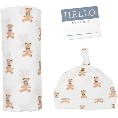 Lulujo Hello World Newborn Hat and Swaddle Blanket Set, 0-4 Months, Vintage Bears