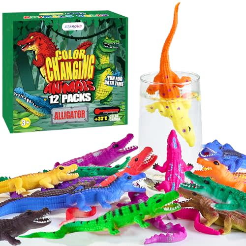 Color Changing No Hole Bath Toys for Toddlers Kids, Color Change Alligator Toy Reptile Animal Toys (12 Pack), 6'' Stretchy Rubber Animals Crocodile Toy Water Table Toys Reptile Party Favors