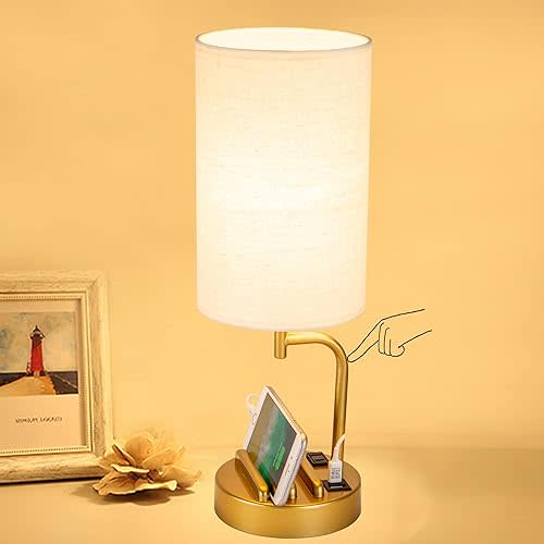 Dreamholder Touch Control USB Table Lamp, Upgraded 3-Way Dimmable Bedside Desk Lamp with USB C & A Charging Ports and AC Outlet, Nightstand Lamp for Bedroom, Dimmable Bulb Included, Gold
