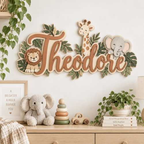 Personalized Safari Nursery Name Sign, Custom Wooden Jungle Animal Wall Decor, Lion Giraffe Elephant Baby Boy Room Sign, Safari Animal Sign