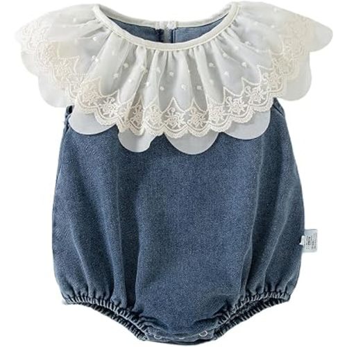 HOOLCHEAN Baby Girl Denim Lace Romper Infant Sleeveless Summer Bubble Romper with Ruffle Collar