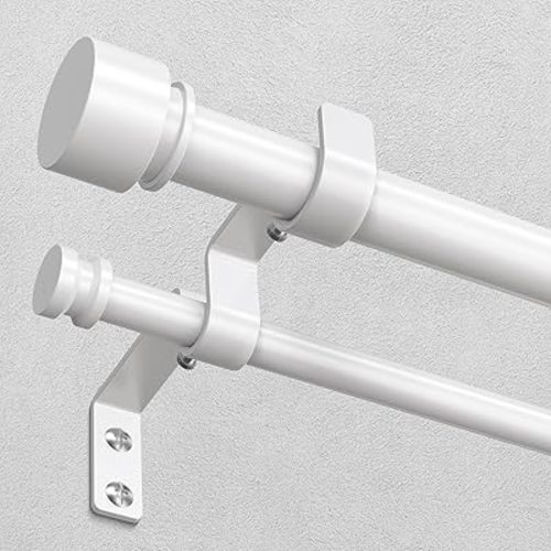 Double Curtain Rod, White Dual Curatin Rod for Windows 36 to 72 Inches, 1" Adjustable Heavy Duty Window Treatment Rods with Modern End Cap Finial, Decorative Spliced Metal Drapery Rods