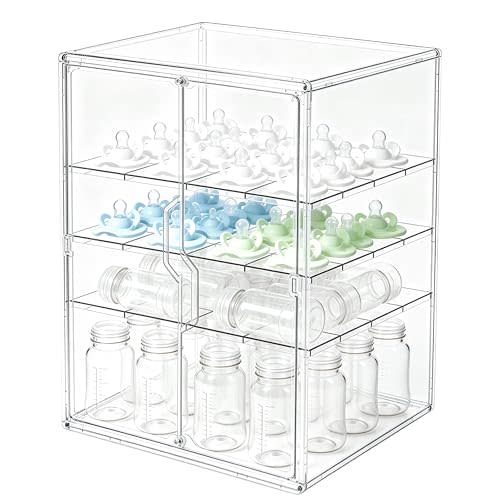Baby Bottle Organizer, 4-Tier Large Capacity Bottle Storage for Countertop with Double Magnetic Doors, Clear Bottle Station Organizer with 3 Adjustable Dividers for Baby Pacifiers, Pump Parts